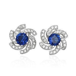Blue Sapphire/White Topaz Pinwheel Stud Earrings~925 Sterling Silver